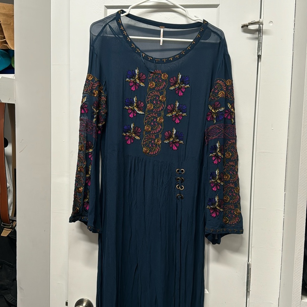 Free people long sleeve sheer maxi dress. Dark green with flowers